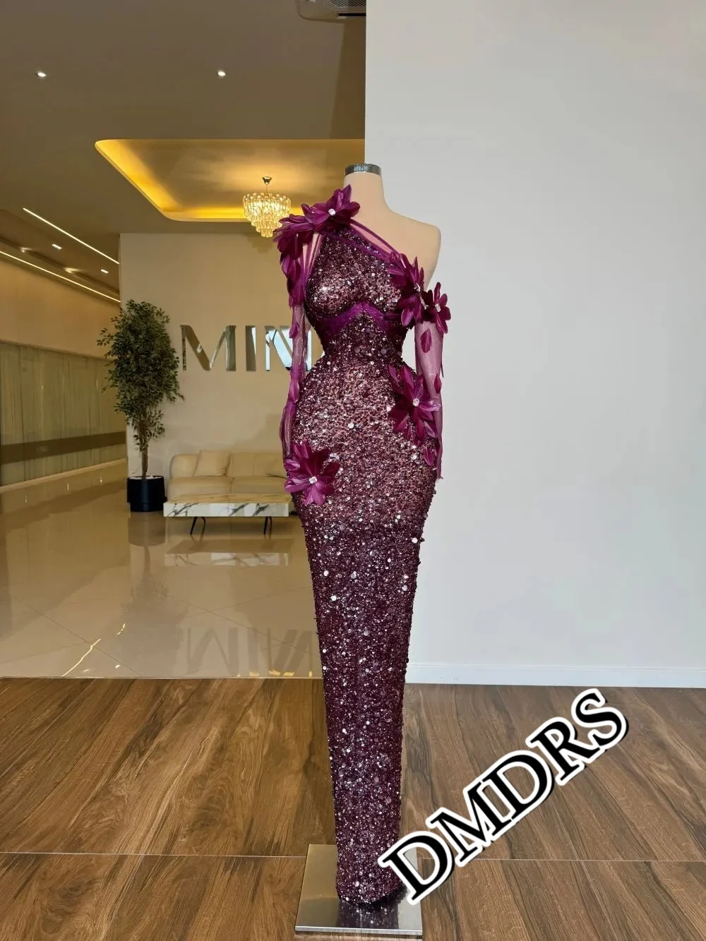 

DMDRS Elegant One-Shoulder Evening Dress, Formal Appliquéd A-Line Party Gown, Classic Crystal Beaded Floor-Length Party Dress