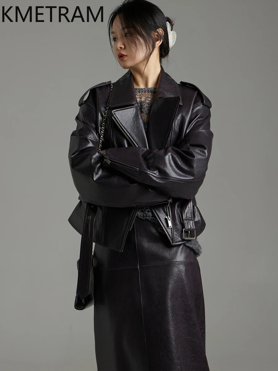 KMETRAM 100% cera d'olio giacca di pelle di pecora donna corta moto giacche in vera pelle donna autunno abbigliamento donna 2025 дубл onderка
