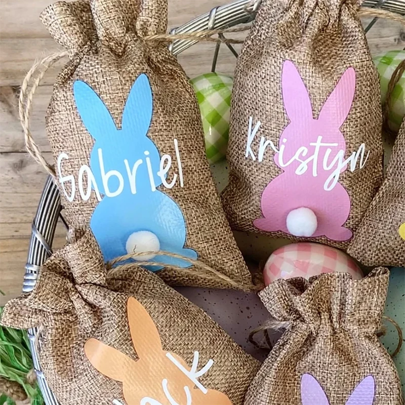 5pcs Custom Personalised Bunny rabbit kid boy girl Treat gift bag Egg Hunt basket Stuffers happy Easter Party decoration sign