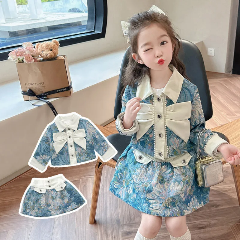 Girls Spring and Autumn Full Print Floral Small Fragrance Style Set 2026 Baby Girl Temperament Short Skirt Two-piece Set 4