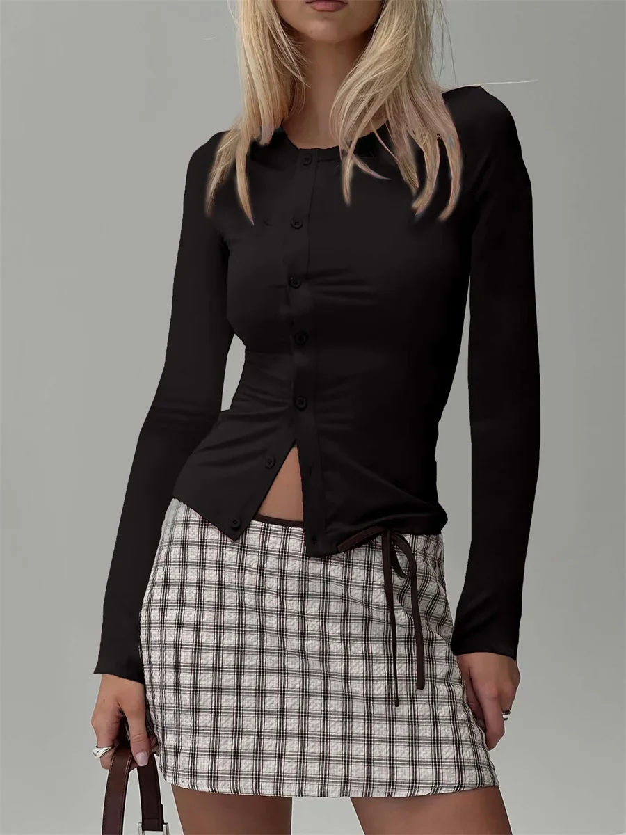 

Women's Spring Autumn Slim Fit Shirts Casual Long Sleeve Round Neck Solid Color Button Up Blouse Female Fall Pleated T-shirts