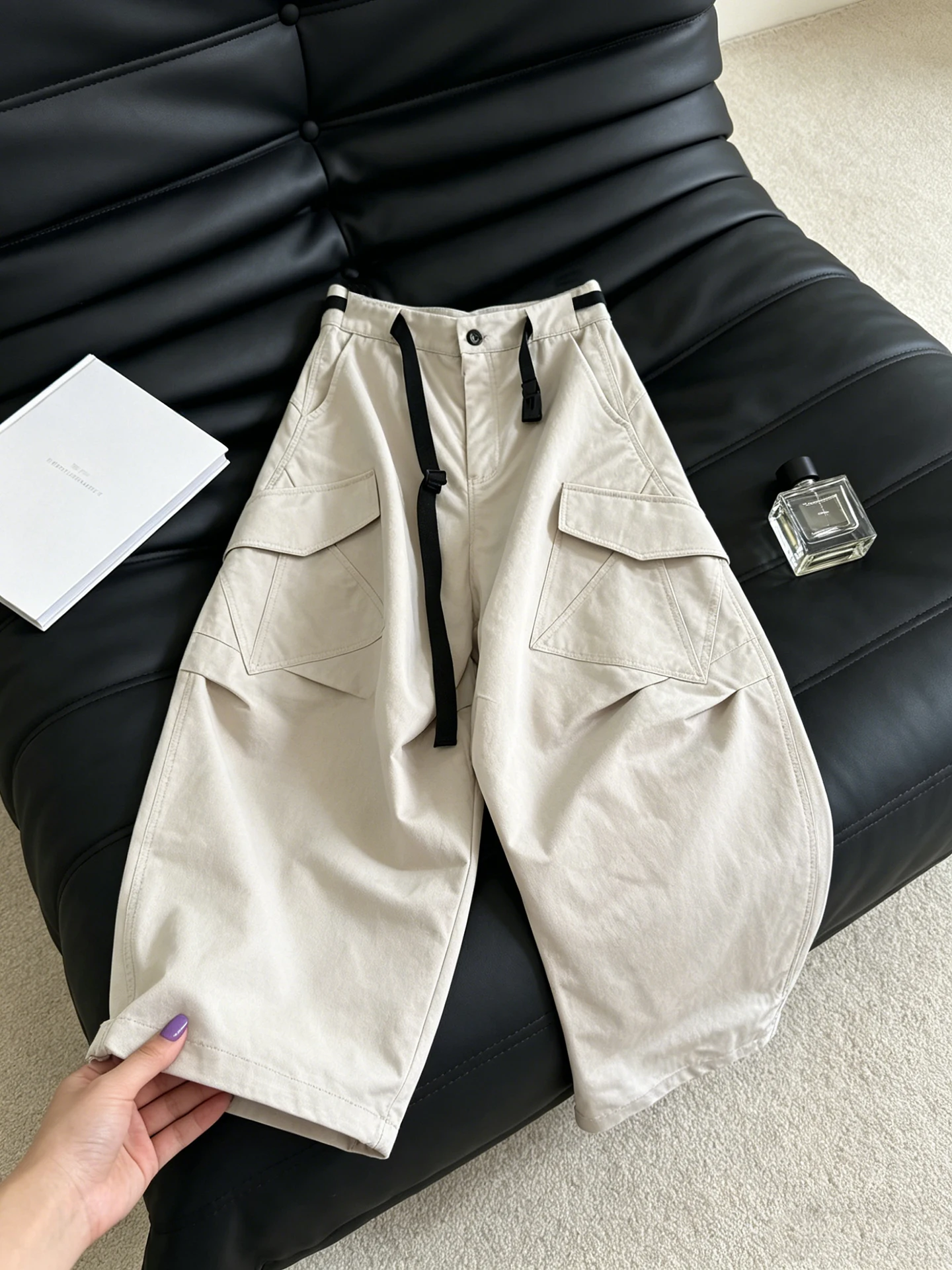 American Retro Loose Multi-Pocket Work Pants Women Summer Thin Slimming Casual Wide Leg Floor-Length Pants High Waist Button ...
