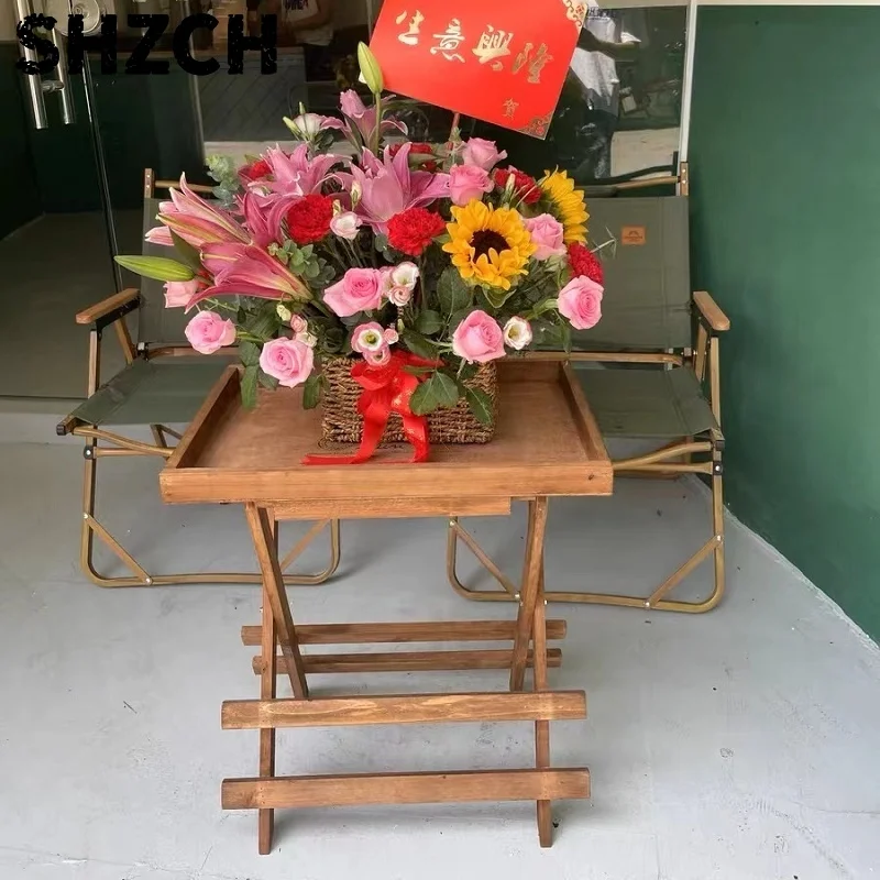 Soporte para plantas plegable vintage: mesa de centro con bandeja de madera maciza, mesa auxiliar que ahorra espacio para balcón