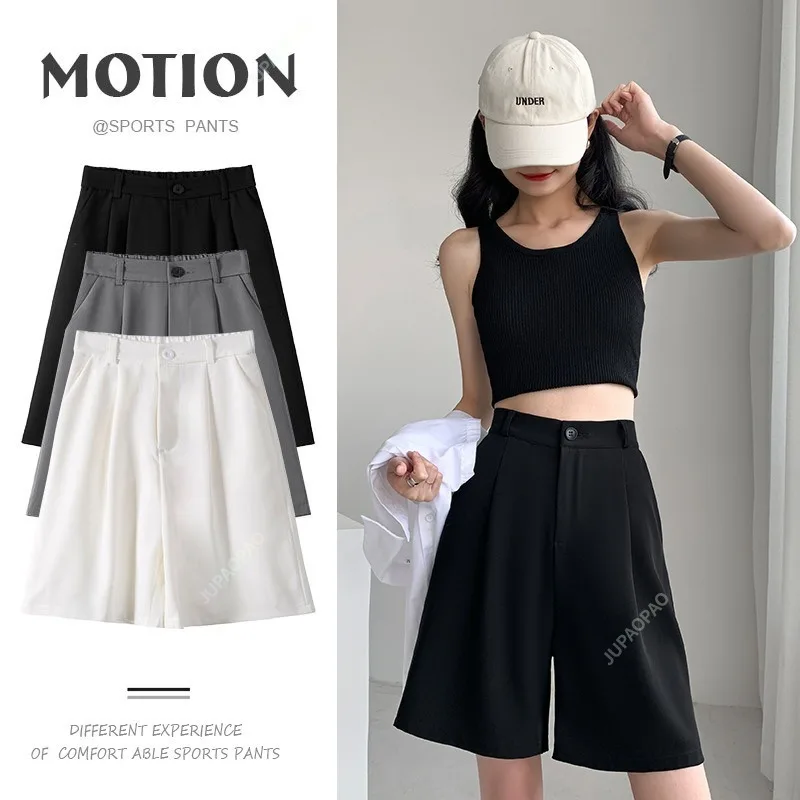 

Shorts Women Summer Button Knee-length Black Wide-leg Loose Drape Korean-style Casual Womens Office BF Streetwear Fashion Simple