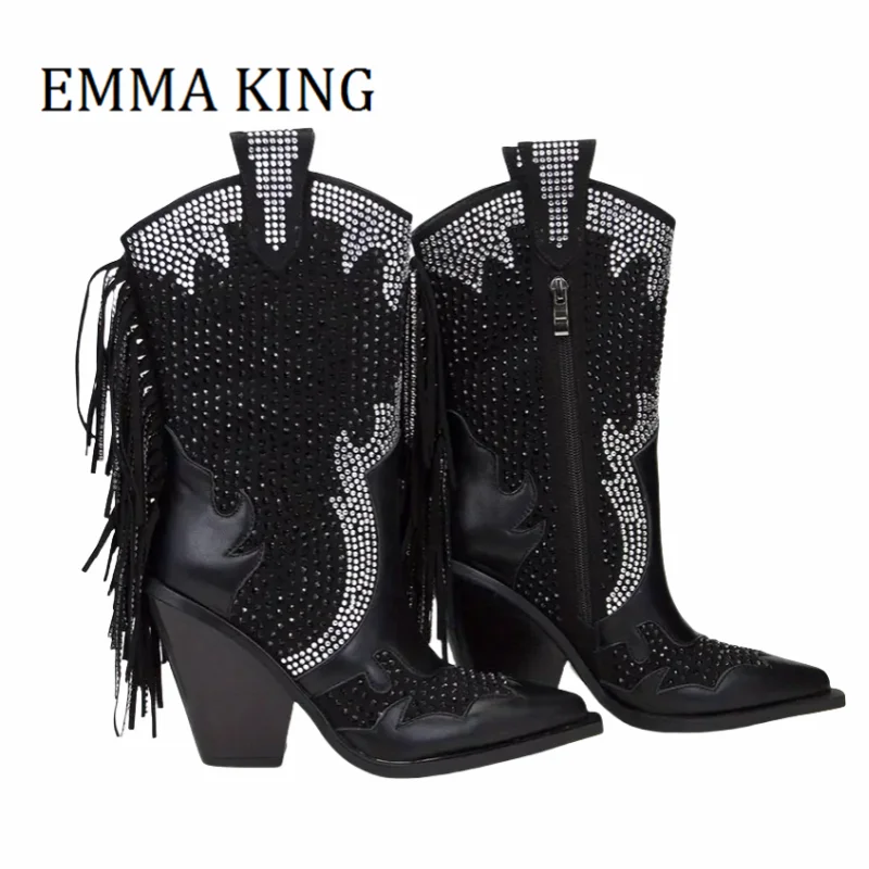 Women Studded Fringe Mid-Calf Boot Pointed Toe Block Heels Cowboy Boots Rhinestone Embellished Chelsea Boots Western Cowboy Boot