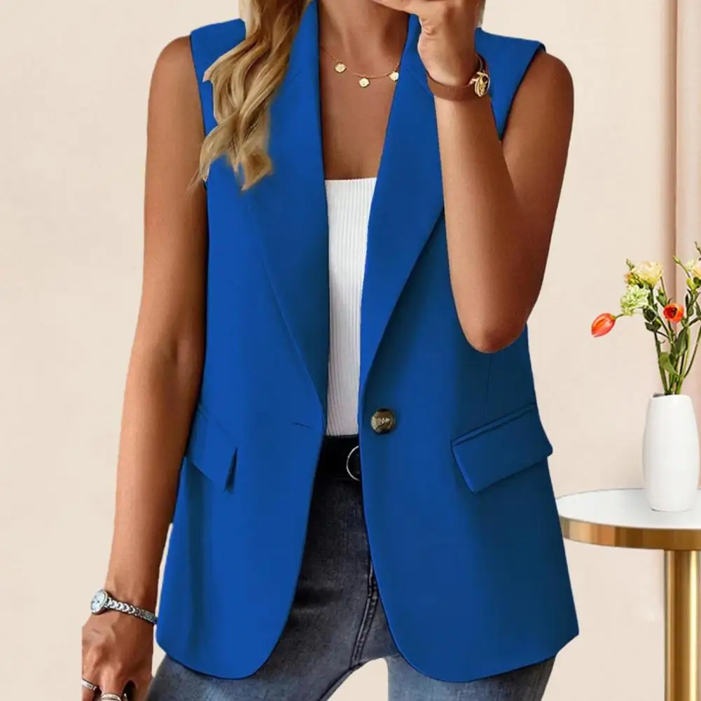 Women Spring Summer Suit Waistcoat Lapel Sleeveless Flap Pockets Suit Coat Solid Color Single Button Placket Vest Coat