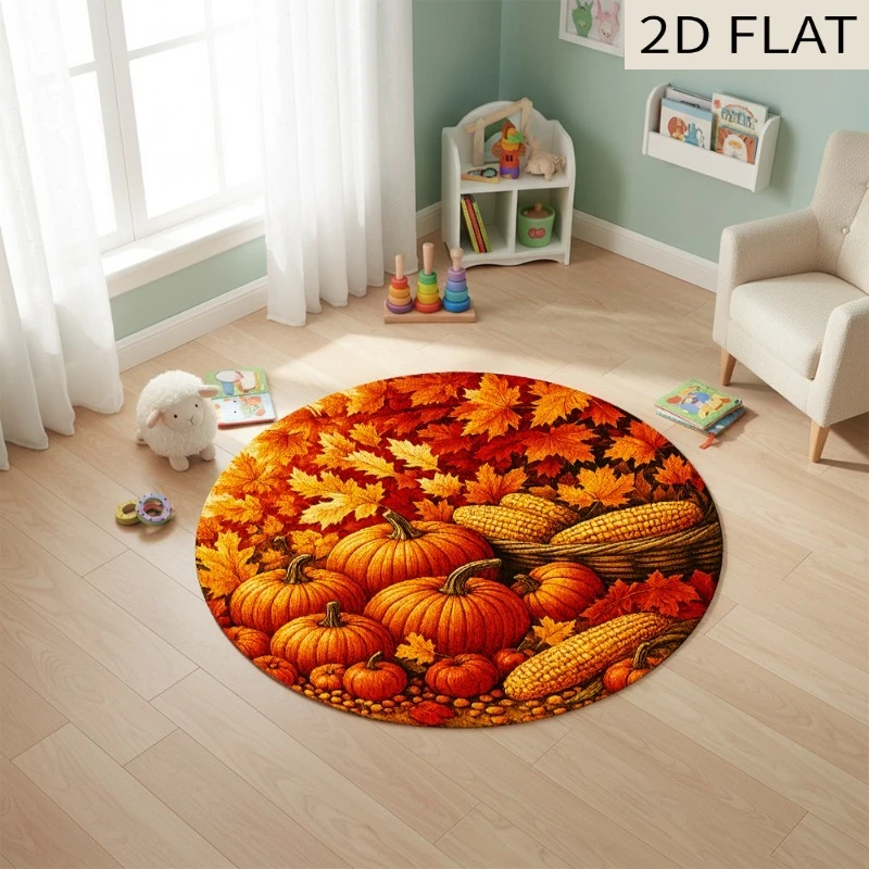 VIKAMA Autumn Harvest Round Rug Pumpkin Maple Leaf Corn Print 2D Flat Floor Mat Decor Non Slip Carpet Living Room Room Doormat