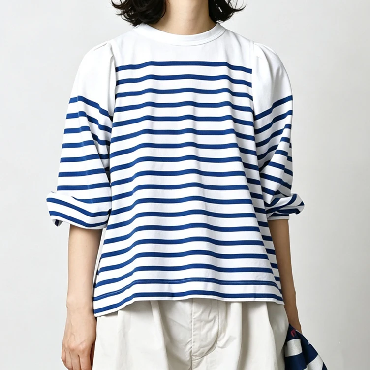 Chic Bubble Sleeve T-Shirt Women's Loose Fit Cotton round Neck Seven Quarter Sleeve Striped Casual Style New Summer Top