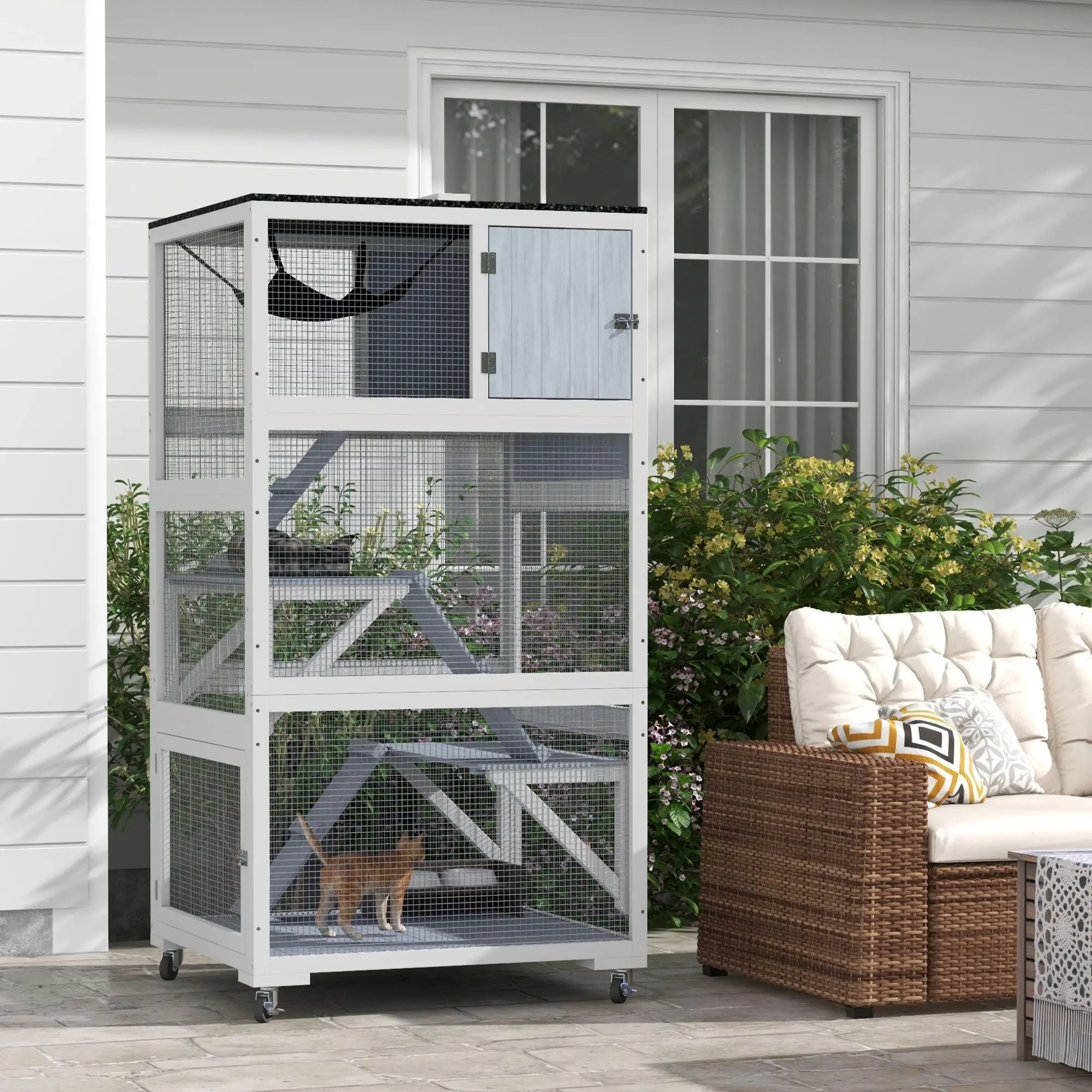Gray Outdoor Cat Enclosure with Wheels Weatherproof Multi-Level Catio Hammock for 1-3 Cats up to 12lbs