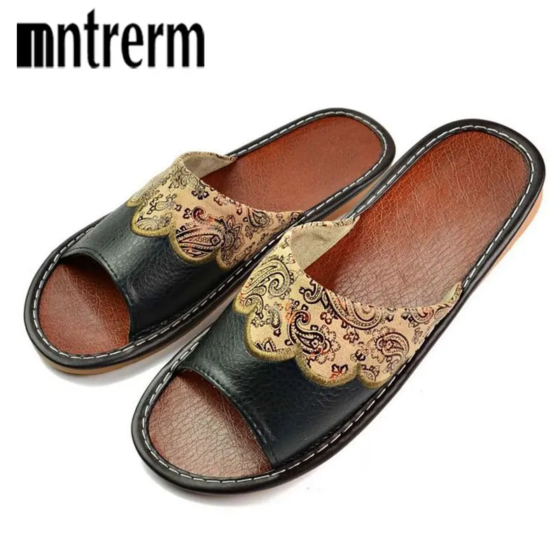 Genuine Leather Slippers Summer men Shoes Home High Quality Full Grain Leather Indoor Slippers Waterproof Household Floor Shoe