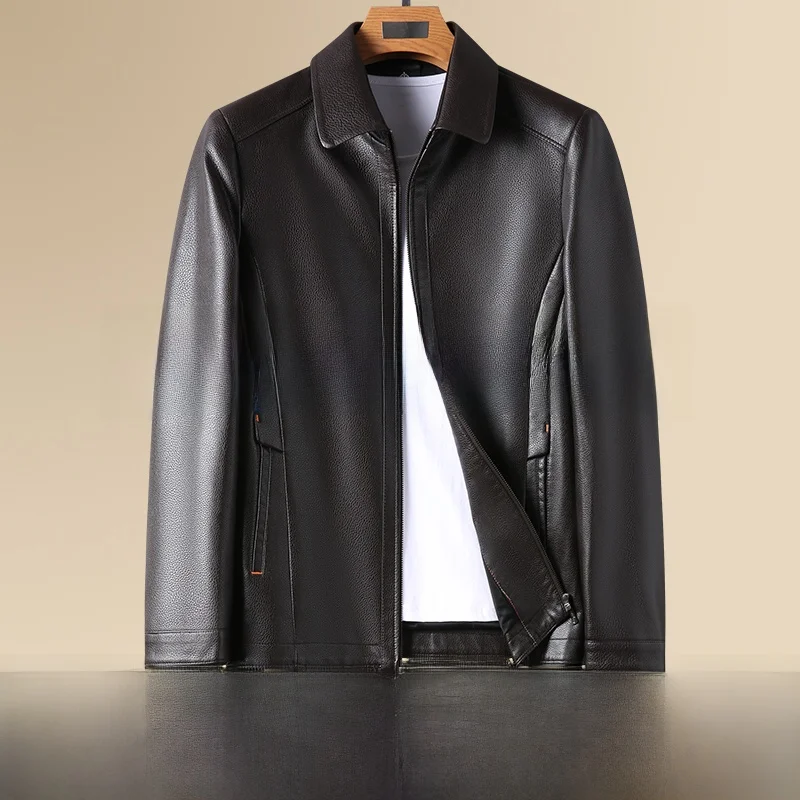 

Haining Genuine Leather Jaet Men's Autumn Winter Dad Sle Fce Lined Thiened Collar Stand up Cowhide Coat Trendy