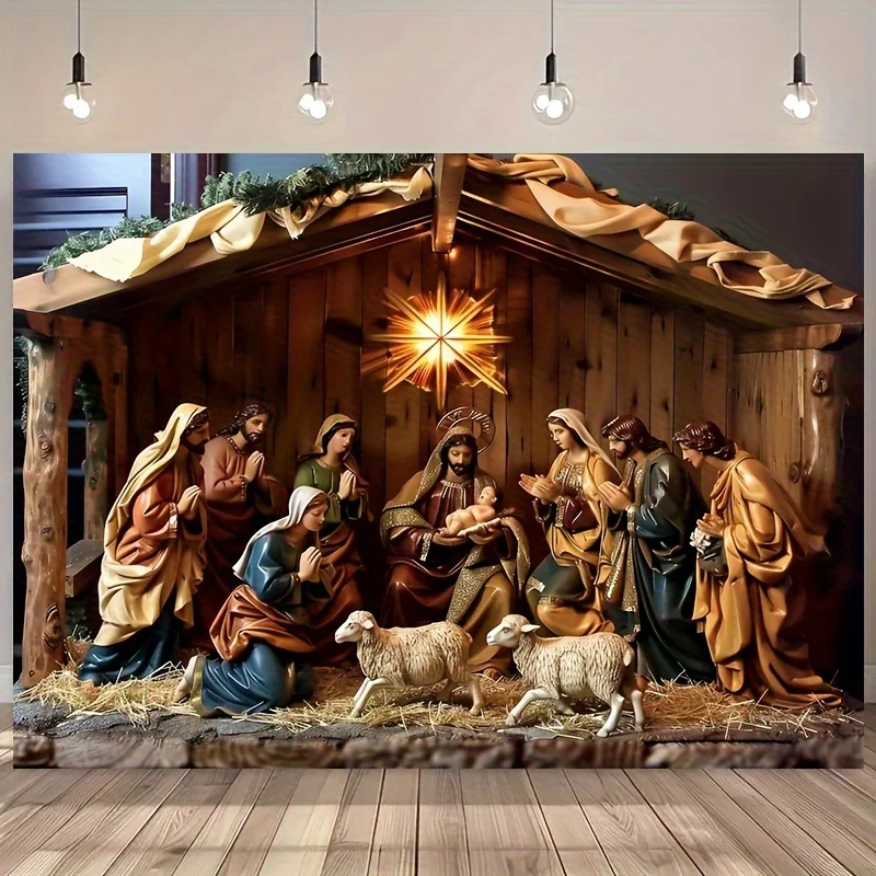 Weihnachts-Krippe-Zene-Hintergrundstoff – Krippen mit Maria, Joseph, Hirten, kleinen Lämmern – keine Strom erforderlich, Polyester