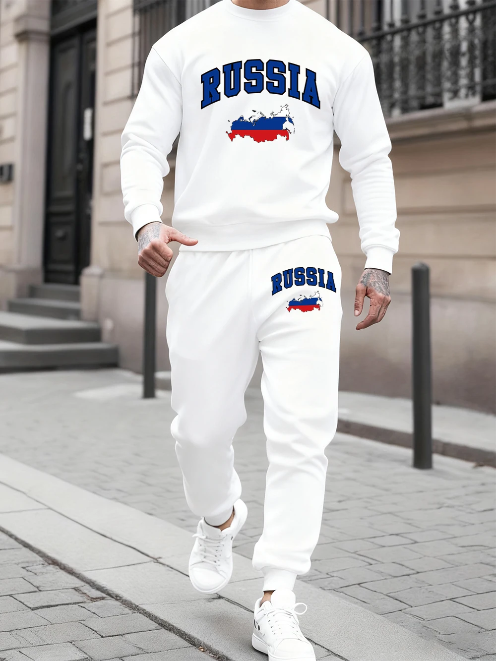 

2 Pcs Hoodies Set Men Russian Flag Colored Map Printing Sweatpants Winter Fleece Warm Crewneck Pants Hoody Sporty Loose Clothes