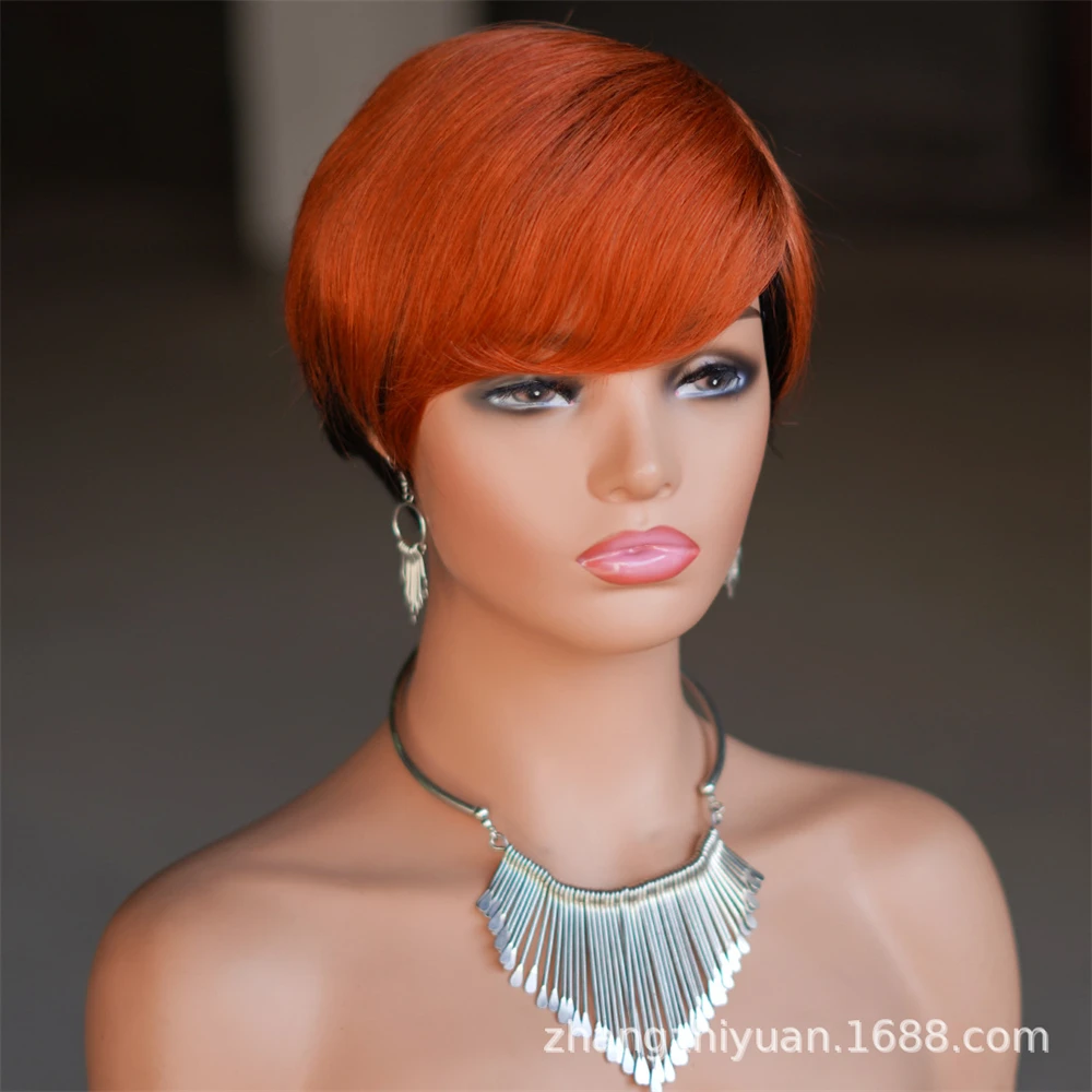 Parrucca di capelli veri, fascia per capelli corti con meccanismo completo, stile femminile alla moda, oro nero, parrucca marrone rossa