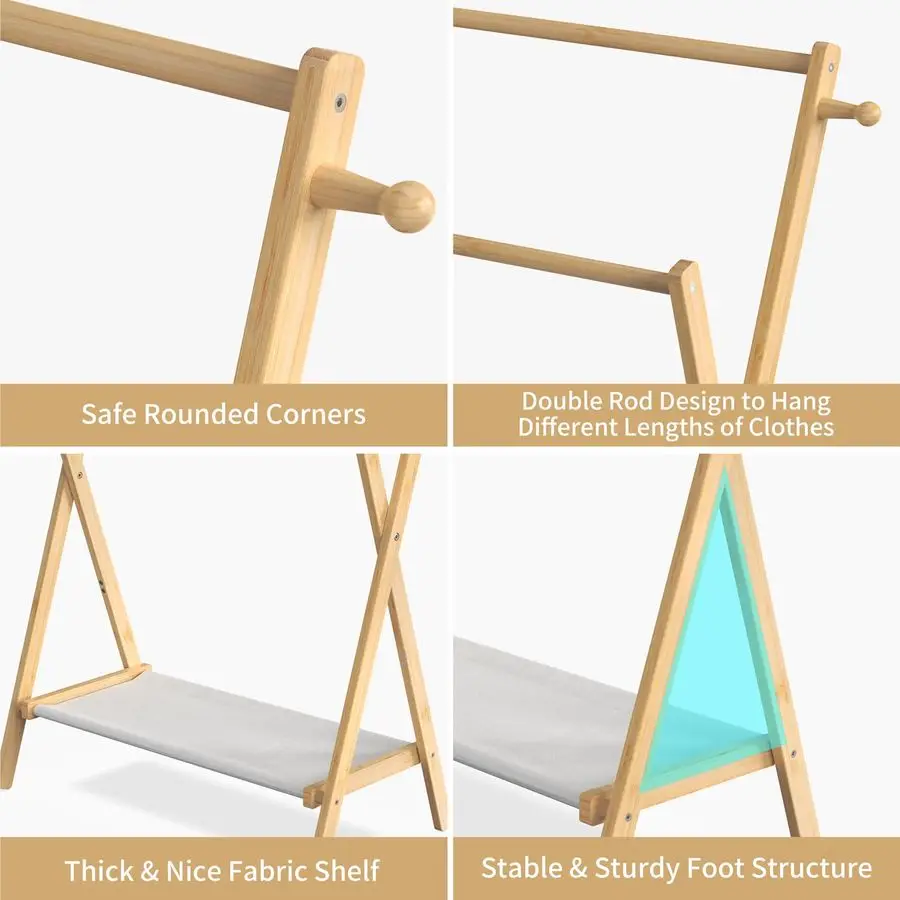 Kids Clothing Rack, Small Clothes Rack for Toddler Pets, Kids Dress Up Rack with Storage Shelf Double Rods, Foldable Kids Cloth