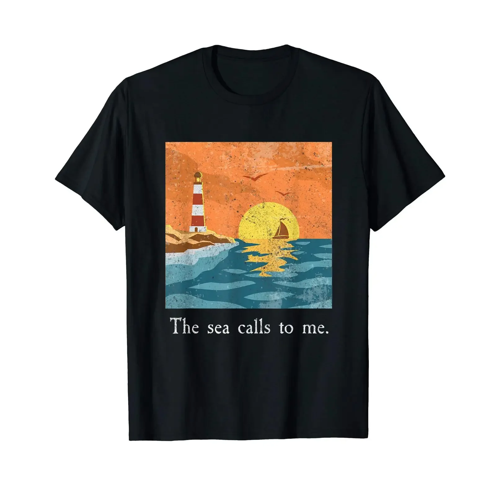 Vintage Lighthouse T Shirt Retro Ocean Sunset Sailor  vintage Washed graphic designer clothes Breathable Stretched