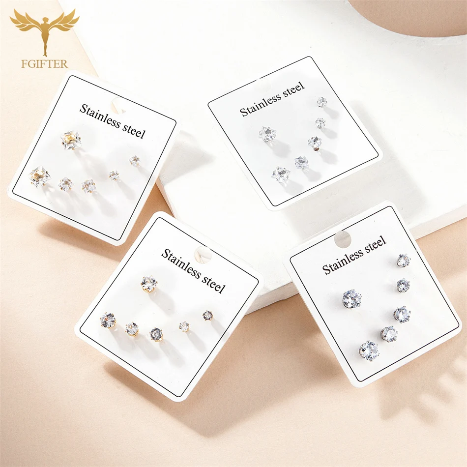 3 Pairs Stainless Steel Crystal Earrings Set For Women Geometric CZ Zircon Ear Stud Golden Silver Color Lobe Piercing Jewelry