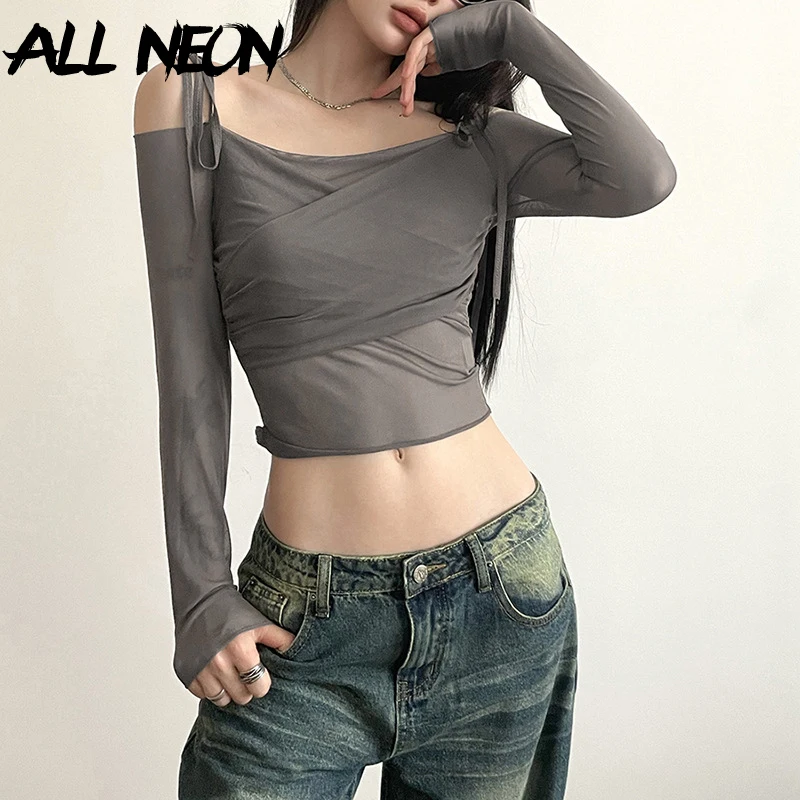 ALLNeon Fairy Core Solid Slash Neck Crop Tops Sexy Off Shoulder Straps Long Sleeve T-Shirts Slim Mesh Tees Y2K Streetwear Women