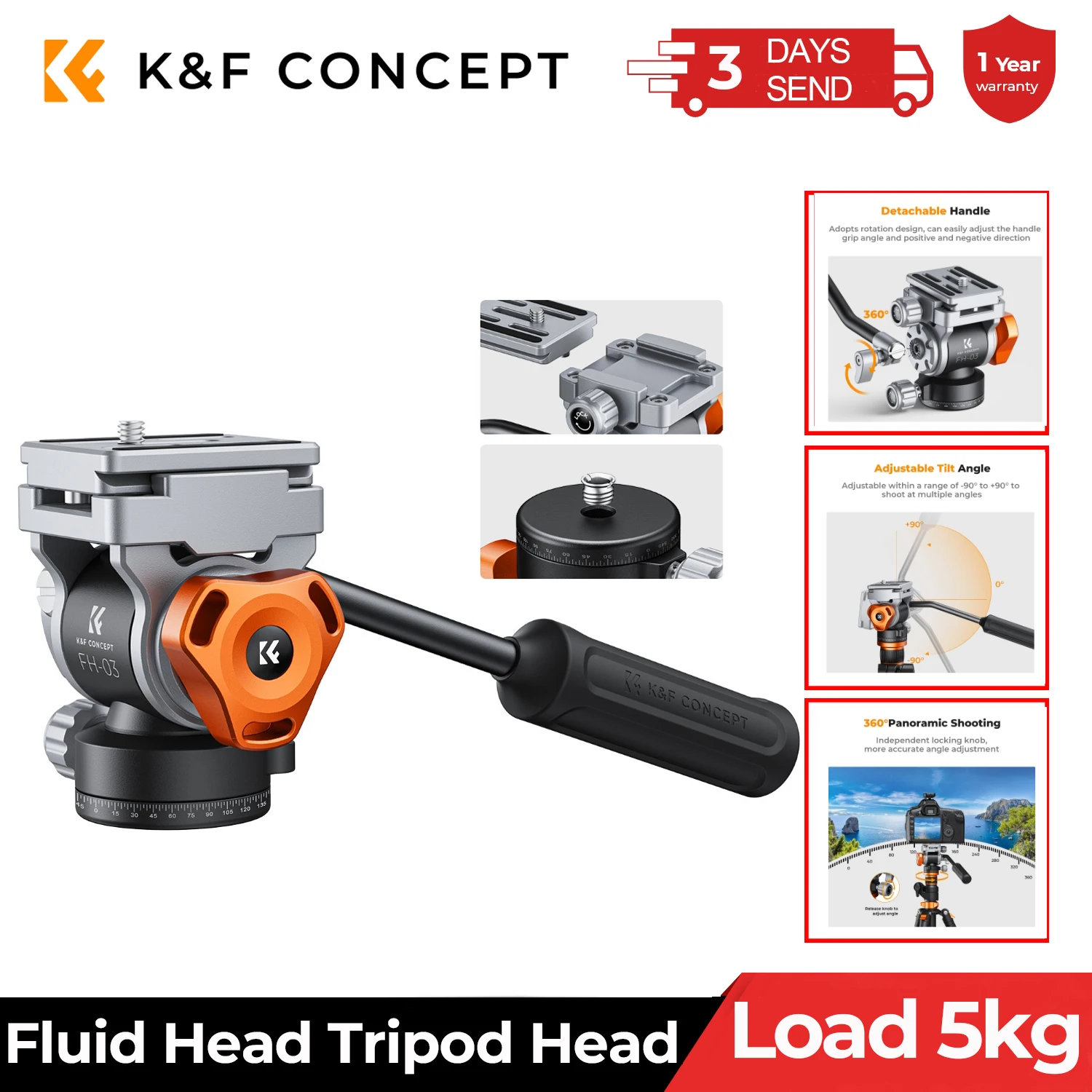 K&F Concept Video Fluid Head Tripod Head Max Load 11lb/5kg Silky-Smooth Stable Camera Fluid Heads for Nikon Canon Leica Sony New