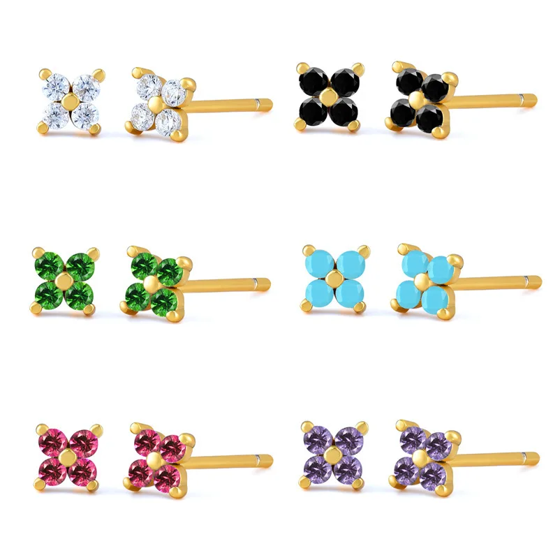 kimsu 925 Sterling Silver Ear Bone Piercing Screw Beads Colored Zircon Flower Stud Earrings for Women Fashion Chic Jewelry Gift