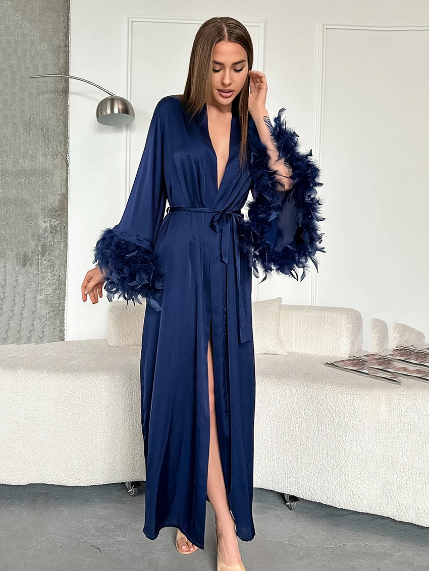 Marthaqiqi Winter Feathers Ladies Pajama Long Sleeve Robe Lace Up Bathrobe Sexy V-Neck Ankle-Length Dress Casual Women Nightgown