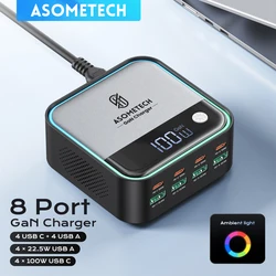 GaN USB C Charger Fast Charging Station 8-port USB Type C Ambient Lighting Display 100W PD SCP PPS Charger for IPhone 15 Samsung