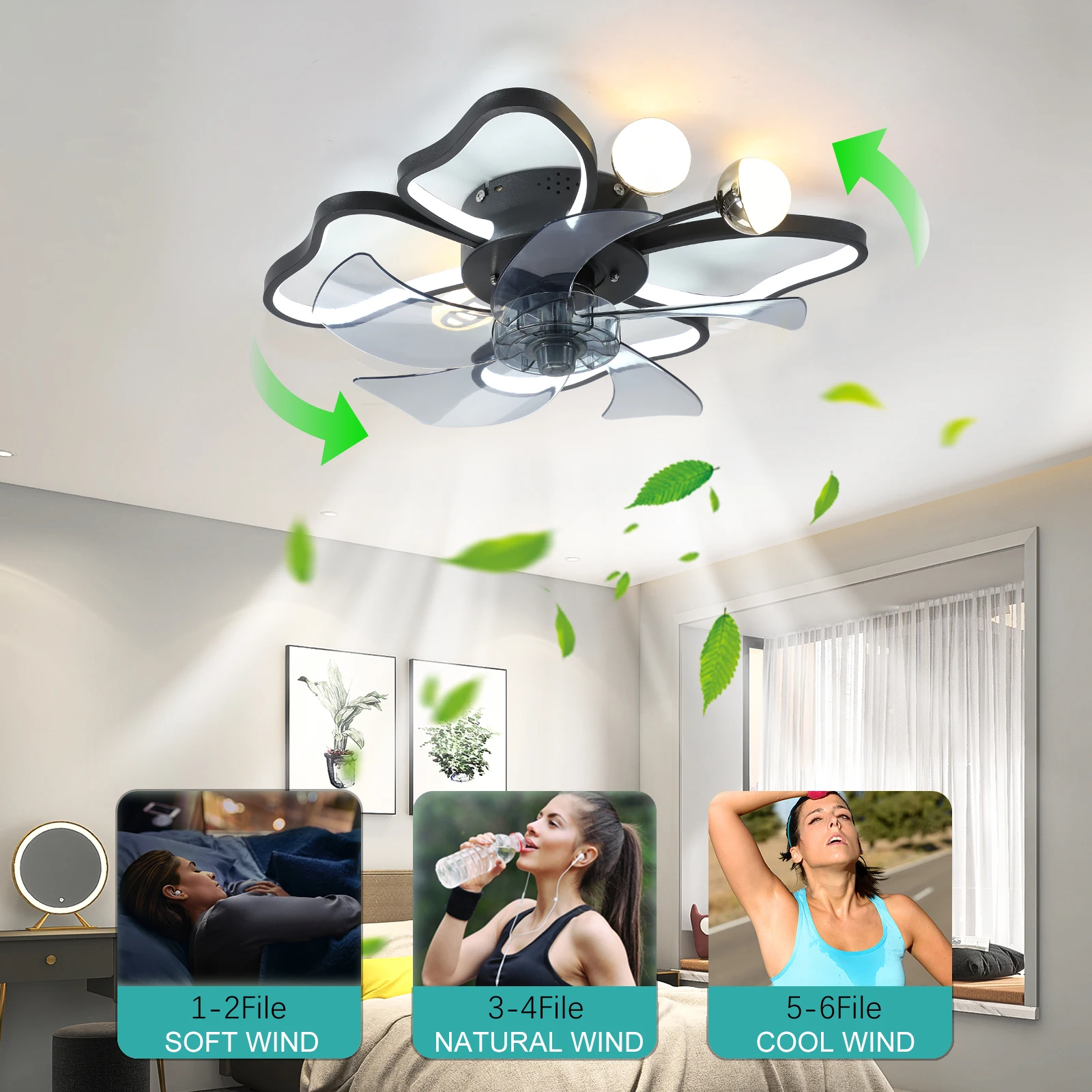 Modern Ceiling Fan with Lights,Transparent Blades,LED Adjustable Lamp,6-Speed Remote Control,Stylish Low-Profile Design