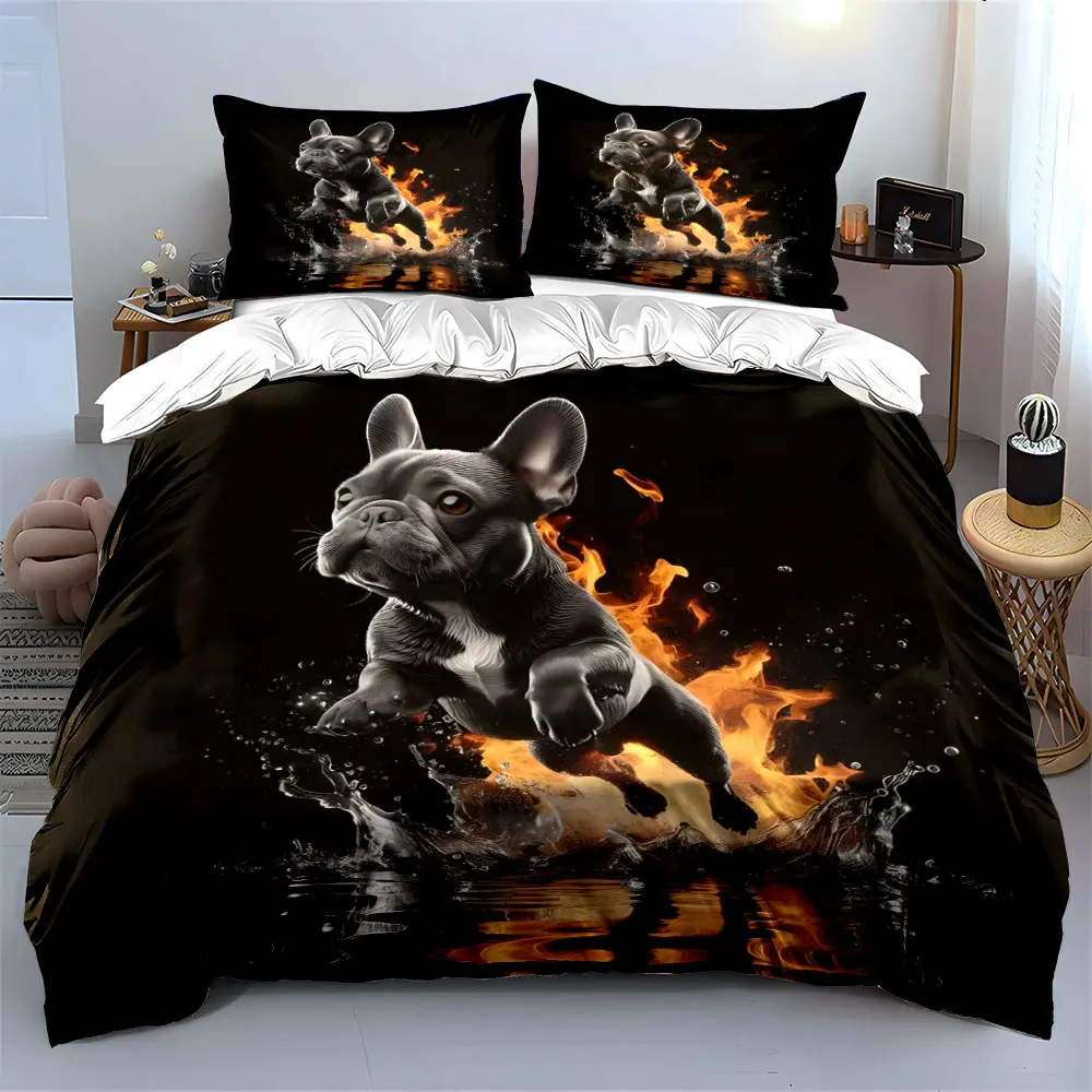 Jumping French Bulldog fire and water Print Soft Comfortable Duvet Cover Bedding Set Included 1*Duvet Cover  2*Pillowcases