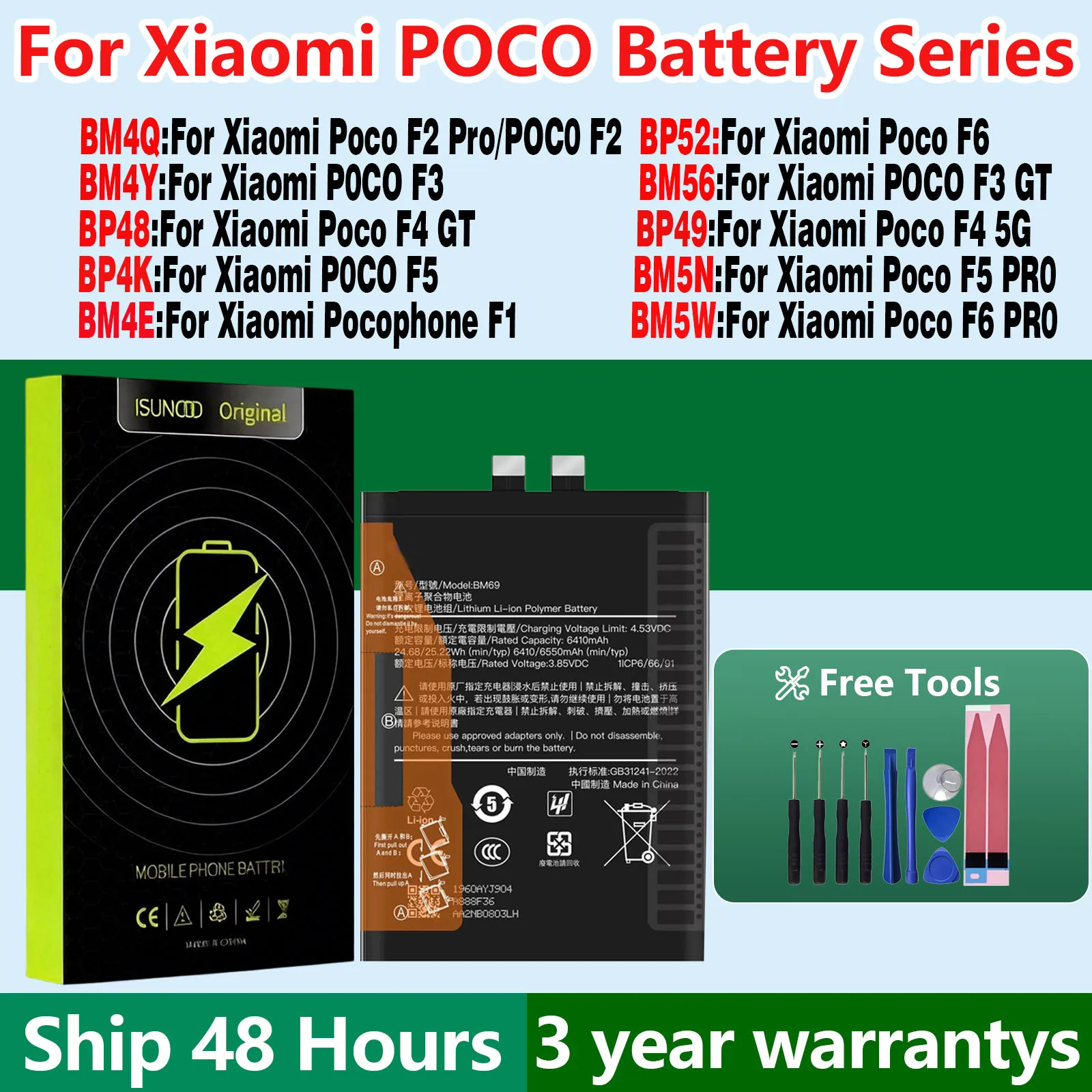 ISUNOO  BP4K For Xiaomi Poco F1/F2/F3/F5 PRO/F4 GT/F4 5G/F6 PRO/Poco F5 BP4K BP48 BM5N BM5W Battery Batería+ Free Tools