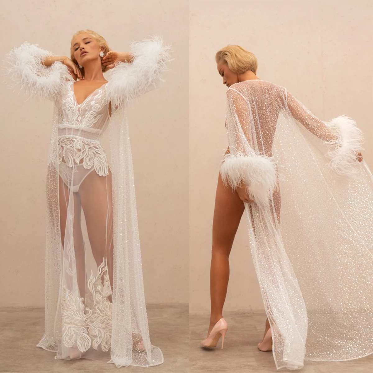 Luksusowe cekiny tiulowe szaty ślubne dla kobiet Vintage pióro rękawy pagoda suknia ślubna sukienki Plus rozmiar niestandardowe szlafroki