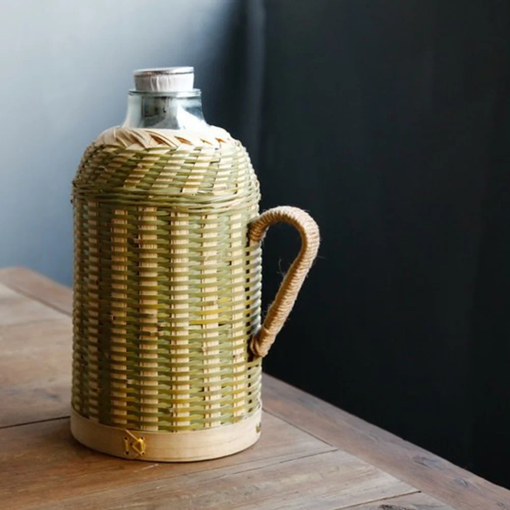 

Retro Bamboo Woven Water Jug Insulated Water Bottle Large Capacity Vacuum Jug for Home Hotel Office Outdoor Use