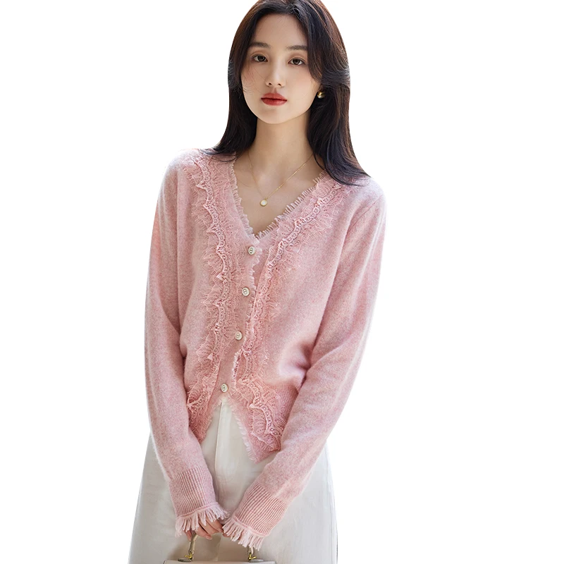 

Women 100% Merino Wool Cardigan V-neck Sweater Grace Lace Knitwear Long Sleeve Bottoming Clothing Spring Autumn Female Wool Tops