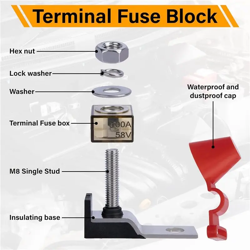 2X Terminal Fuse Block 125A 58V DC Battery Terminal Fuse, Single Stud Marine Battery Fuses With IP66 Waterproof Cap