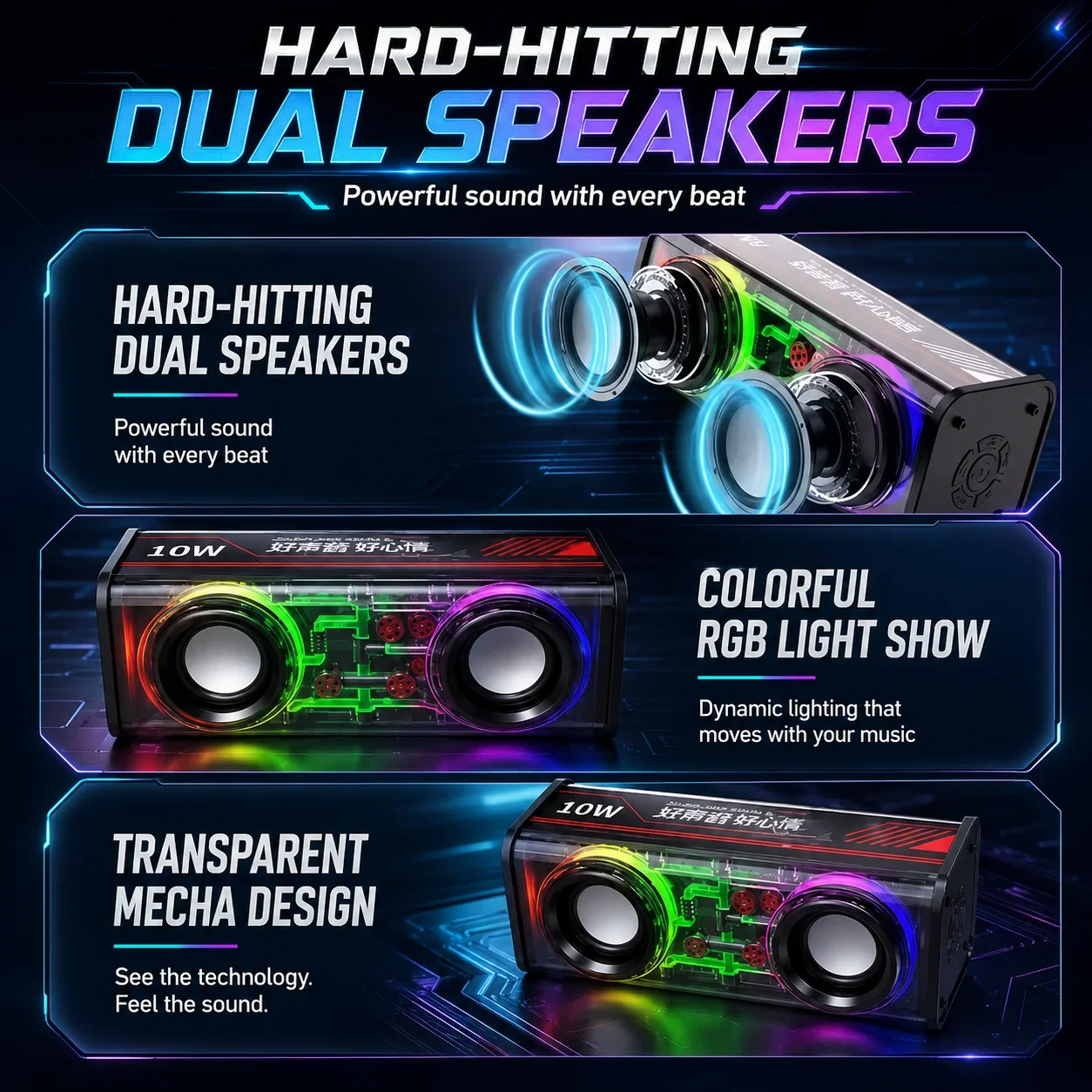 V8 Portable Bluetooth Speaker, Dual Drivers, RGB Lights & Immersive Stereo Sound for Home, Desk, Party, Gifts for Music Lovers