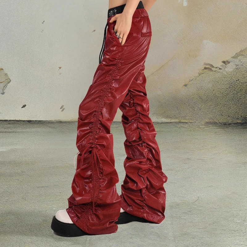 Original Design American Pleated Drawstring Red Women's Leather Pants Autumn New Sweet Cool Sexy Hot Girl Trousers Ladies Ladies
