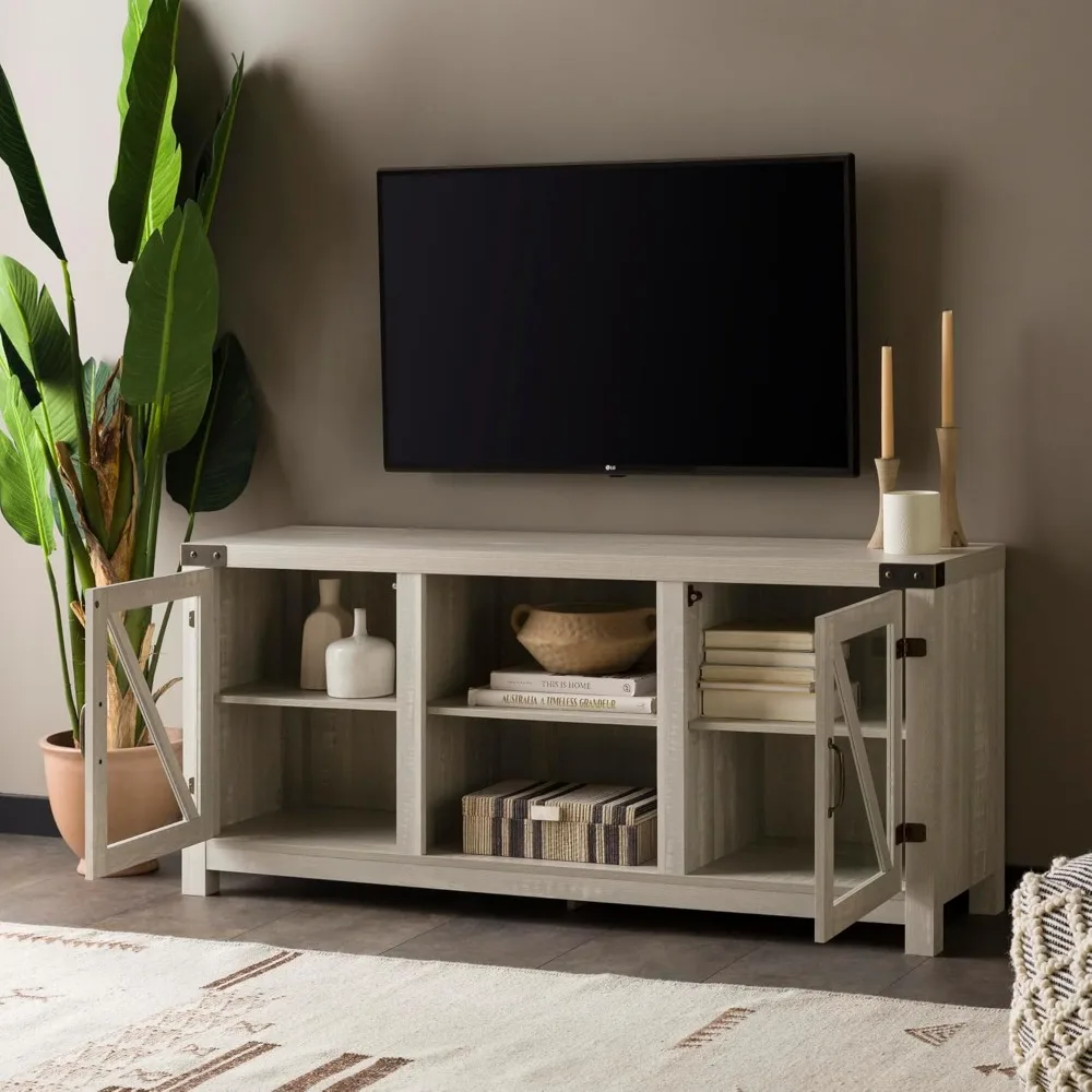 Wesley-Modern Farmhouse Glass Door TV Stand, usado para TVs sem lareira, 65 polegadas, 58 polegadas, Stone Grey