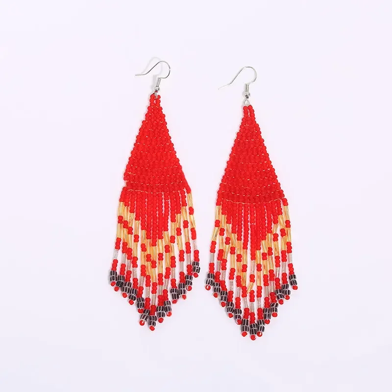 Rice Bead Earrings  Beaded  Simplicity  Hand knitting  Retro  multi-storey  Bohemia  geometry  alloy  ma'am  Tassel Earrings