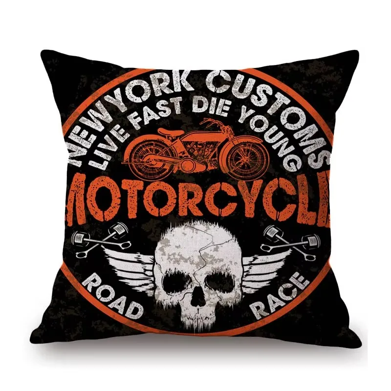 Motorcycle Art Biker Club Decoration Throw Pillow Case US Retro Letter Print Free Spirit Motorbike Cotton Linen Cushion Cover