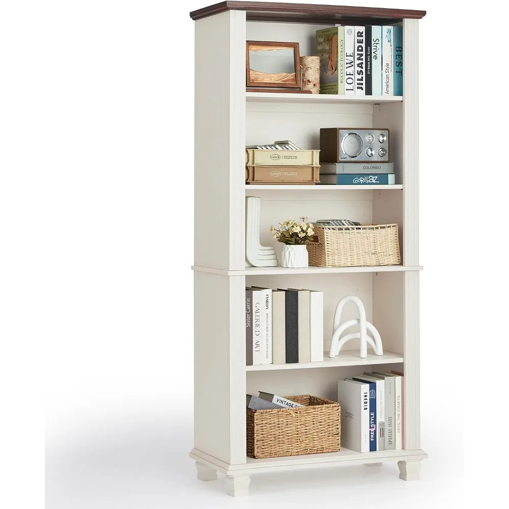 70 رف كتب أبيض طويل القامة، رف كتب خشبي من 5 طبقات مع أرفف قابلة للتعديل وأرجل خشبية، خزانة كتب للمزرعة قائمة بذاتها مع فتحة Di