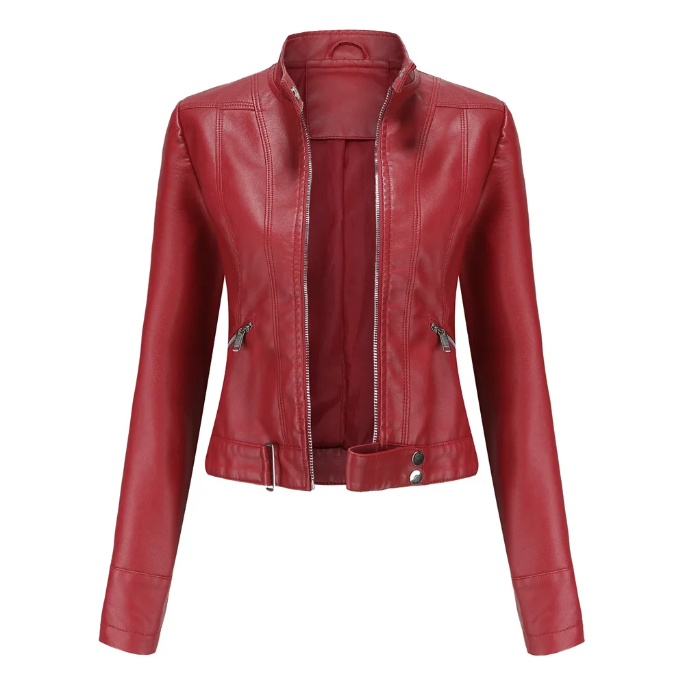 Chaqueta corta de cuero con cremallera para mujer, chaqueta de motocicleta con cuello de pie, color negro, primavera y otoño