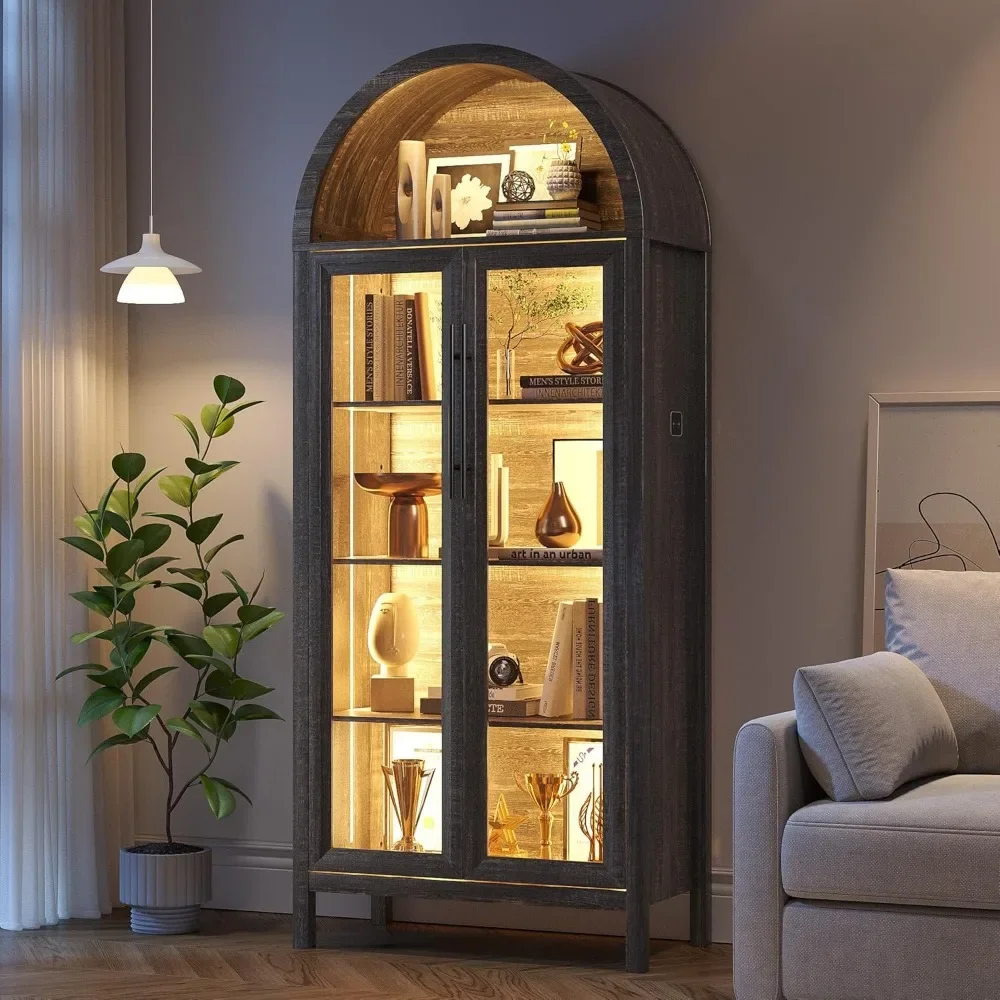 

Display Cabinet with Glass Doors, 72” Tall Bookcase 5-Tier Curio Storage Pantry Cabinet with 3 Color LED Lights for Collectibles