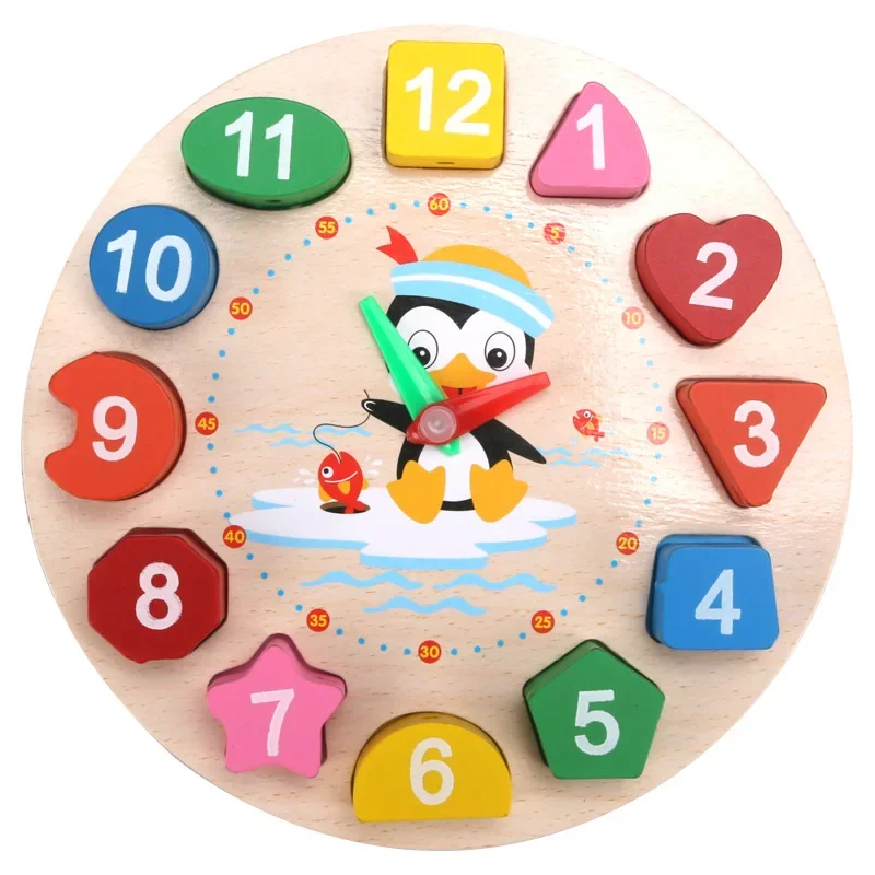 Montessori Wooden Clock Puzzle Cartoon Animal Tangram Cognitive Digital Clock Kids Early Educational Threading Assembly Toys