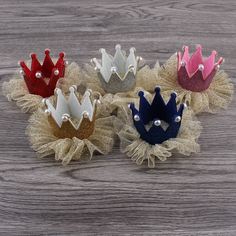 

50pcs/lot 5colors Newborn 3D Felt Kids Crown+Mesh Flower For Girls Hair Accessories Glitter Felt Crown For First Birthday Hat