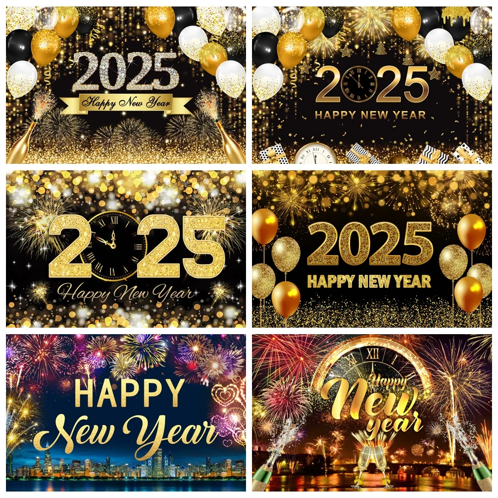 

2025 Happy New Year Backdrop Glitter Firework Balloons Clock Champagne New Year's Eve Party Family Photography Background Decor