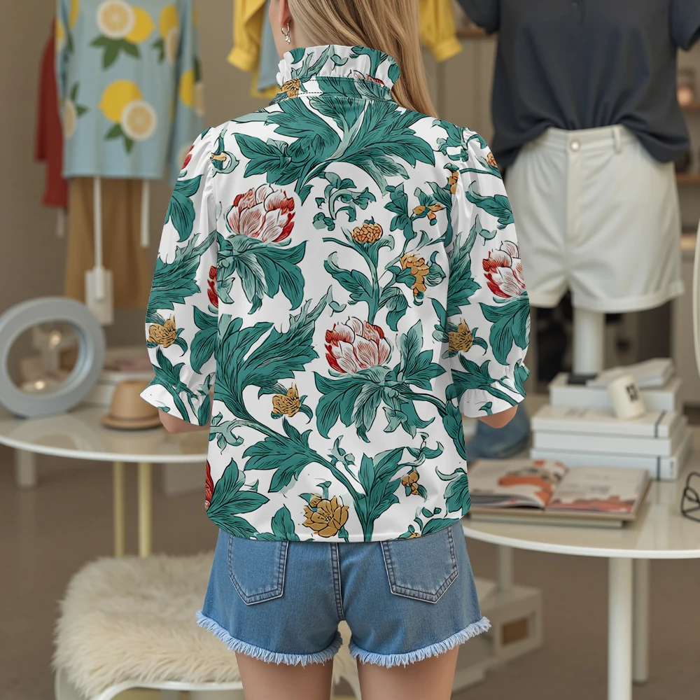 Bohemian Floral Blouse with Ruffled Edge High Neck V-Neckline and Puff Sleeves Peony Print Shirt Elegant Chic Loose Fit Shirt