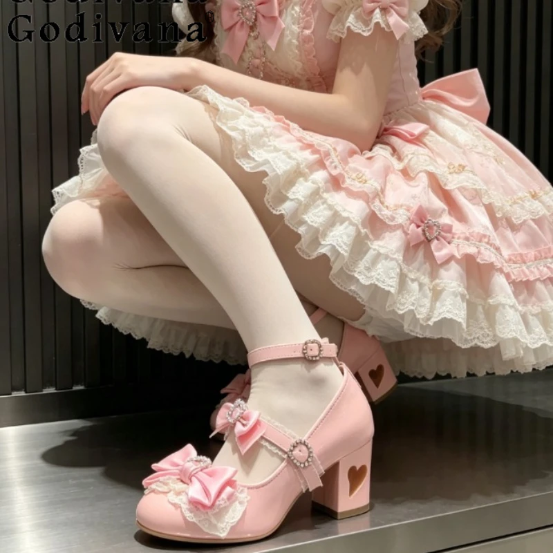 

Retro Elegant Japanese Bow Rhinestone High Heels Round Head Thick Heel Sweet Cute Jk Uniform Mary Jane Woman Single Shoe
