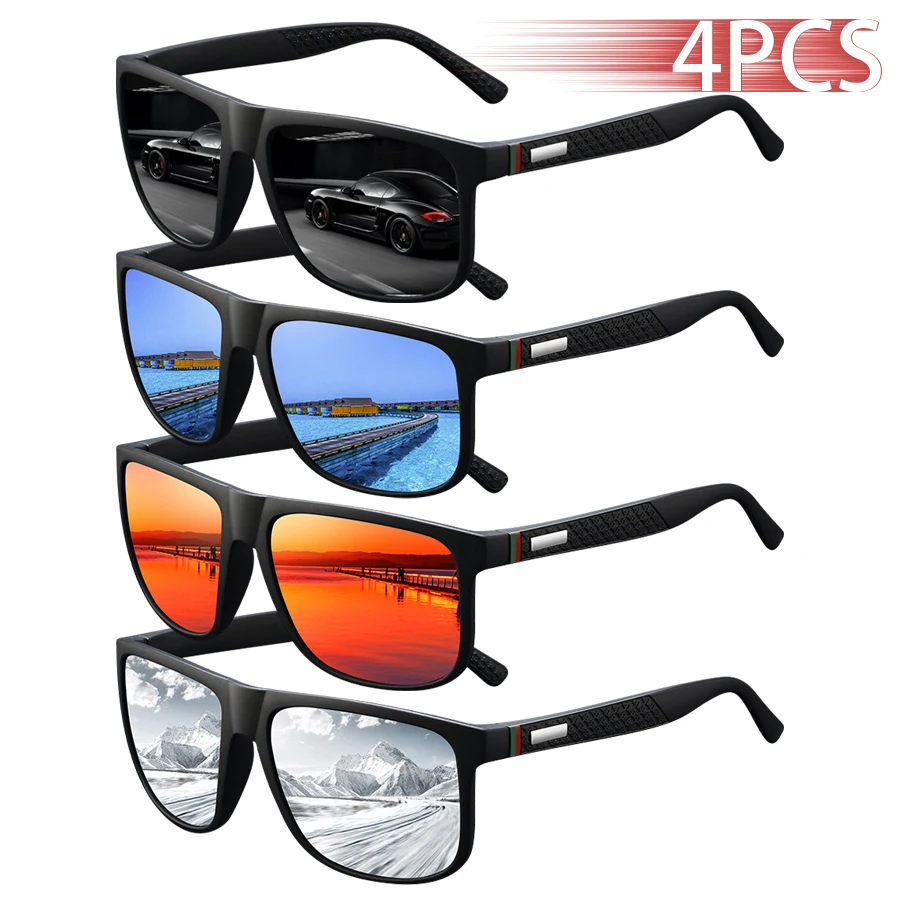 

4 PCS Fashion Vintage Check Pattern Square Sunglasses Men Women Fishing Driving Luxury Brand Designer Sun Glasses UV400 Eyewear