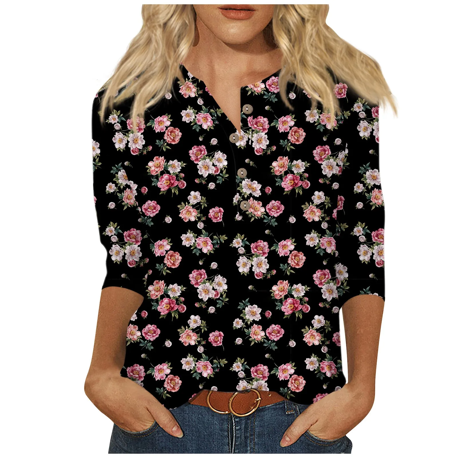 T Shirt For Women Fashion 3/4 Sleeve Top Floral Print Shirts Blouses Female Summer Auttumn Clothes For Women 2024