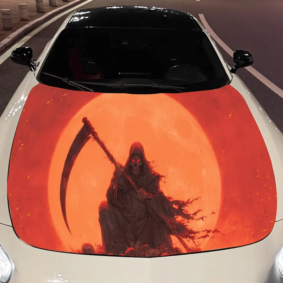 

Наклейка на капот двигателя автомобиля Fiery Grim Reaper от Red Moon, автоматические виниловые обертки, водонепроницаемая самоклеящаяся наклейка на автомобиль, прочная и анти-