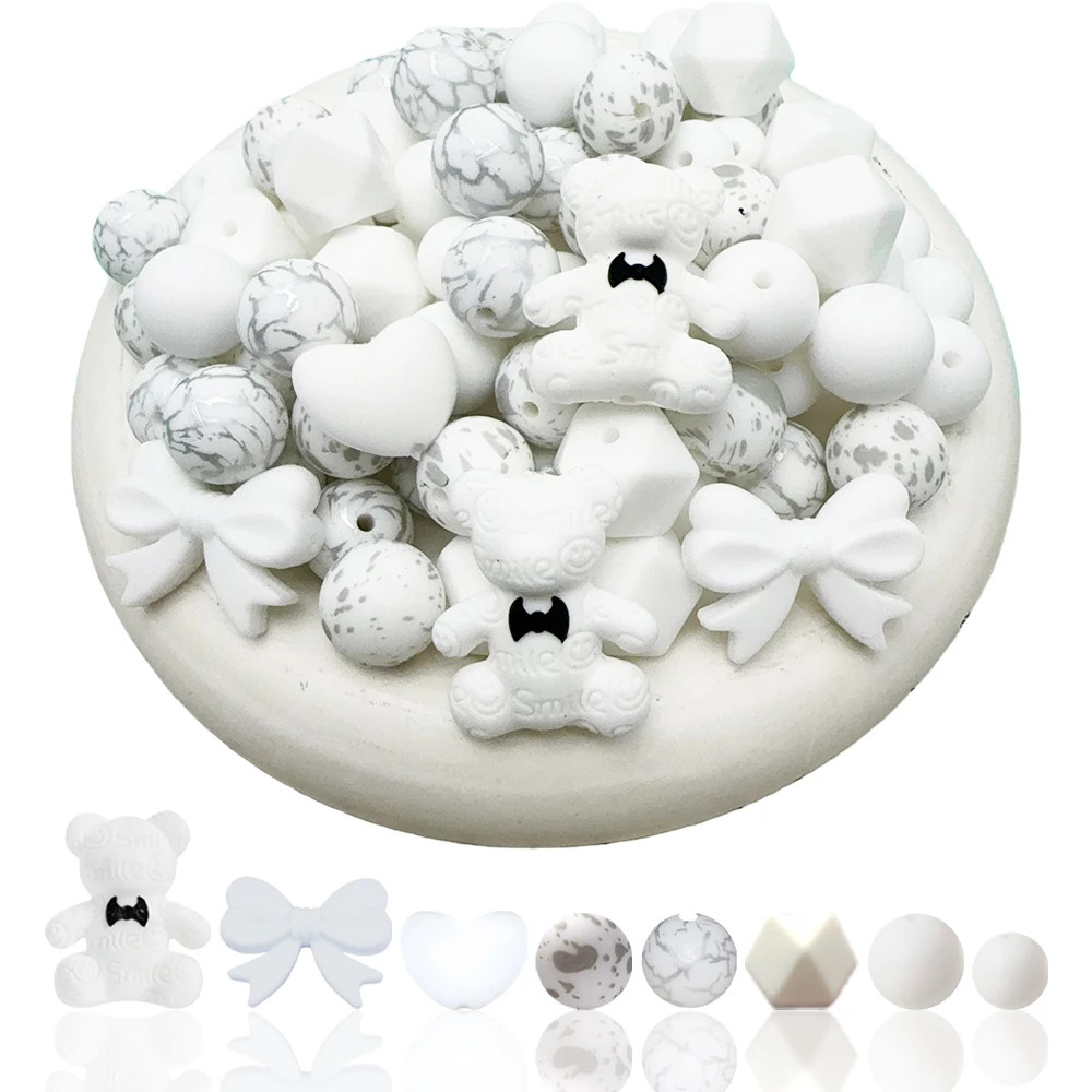 35PCS white bow bear silicone bead set, perfect for DIY handmade crafts such as keychains, necklaces, bracelets, etc